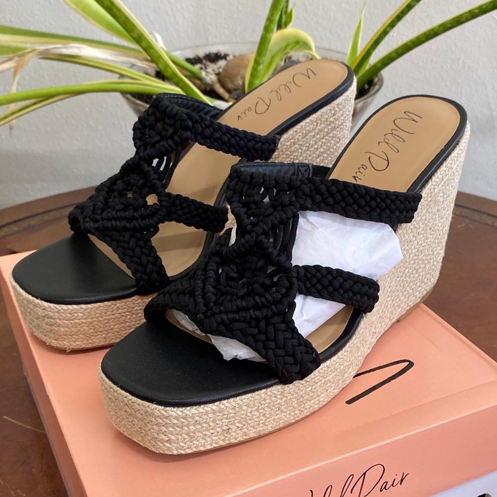 Wild Pair Black and Tan Woven Wedges